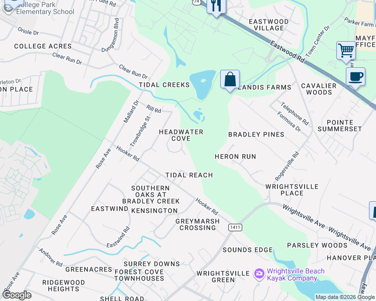 map of restaurants, bars, coffee shops, grocery stores, and more near 1039 Headwater Cove Lane in Wilmington