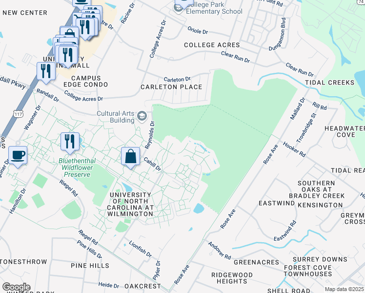 map of restaurants, bars, coffee shops, grocery stores, and more near Walton Drive in Wilmington