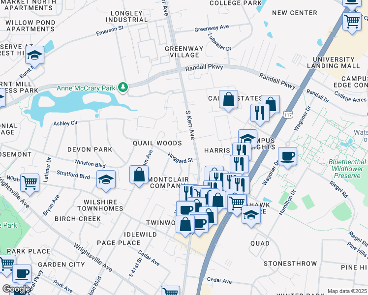 map of restaurants, bars, coffee shops, grocery stores, and more near 522 South Kerr Avenue in Wilmington