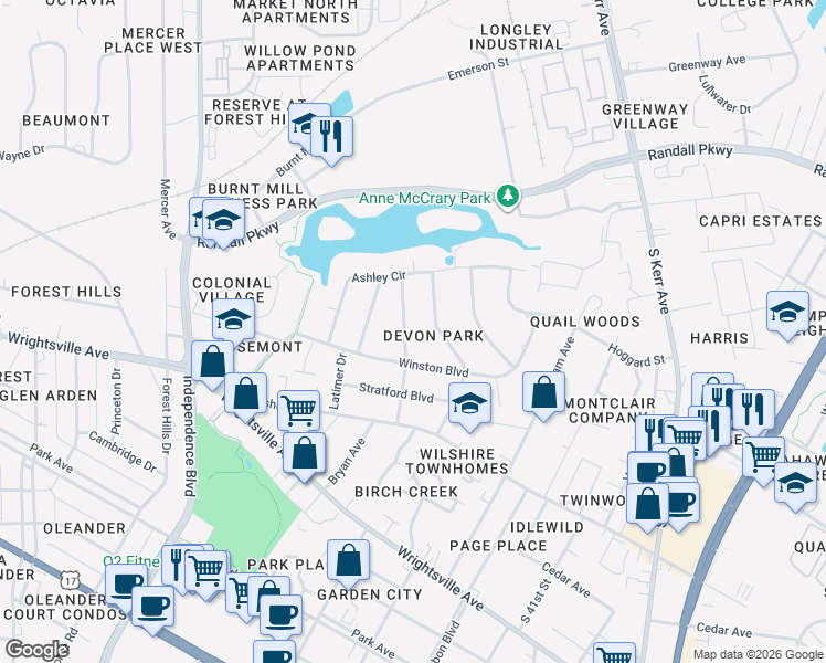 map of restaurants, bars, coffee shops, grocery stores, and more near 524 Larchmont Drive in Wilmington