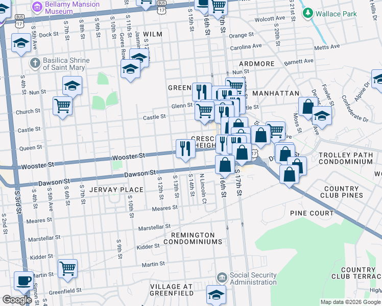 map of restaurants, bars, coffee shops, grocery stores, and more near 1411 Wooster Street in Wilmington