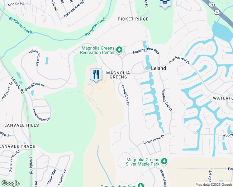 map of restaurants, bars, coffee shops, grocery stores, and more near 1006 Greymoss Lane in Leland