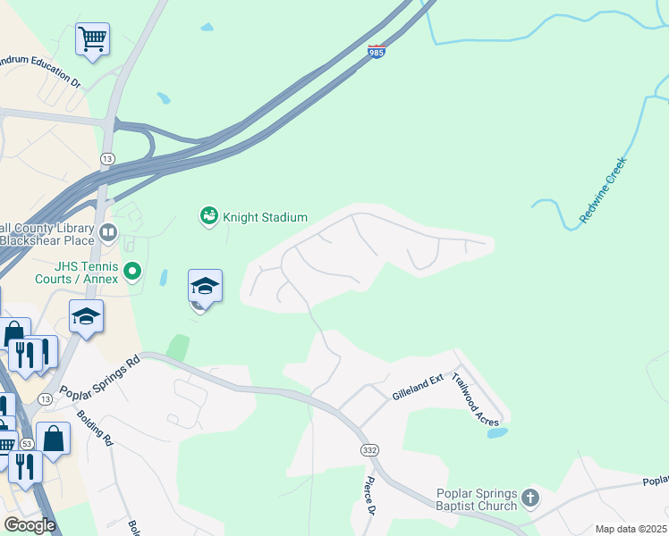 map of restaurants, bars, coffee shops, grocery stores, and more near 3739 Ridge Bluff Overlook in Gainesville