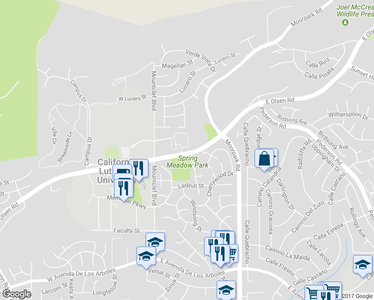 map of restaurants, bars, coffee shops, grocery stores, and more near 123 McAfee Court in Thousand Oaks