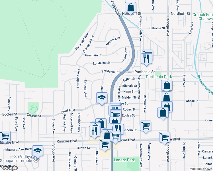 map of restaurants, bars, coffee shops, grocery stores, and more near 22022 Bryant Street in Los Angeles