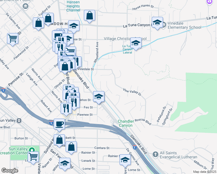 map of restaurants, bars, coffee shops, grocery stores, and more near 8608 Bluffdale Drive in Los Angeles