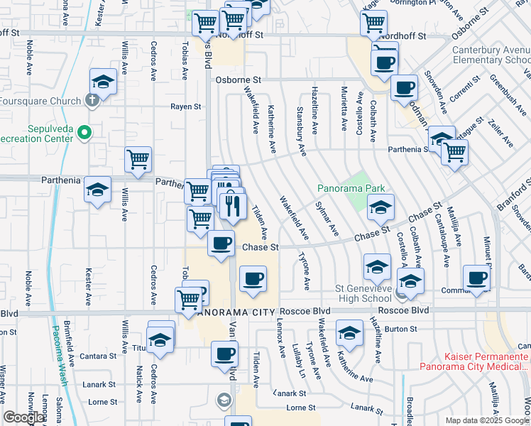 map of restaurants, bars, coffee shops, grocery stores, and more near 8604 Tilden Avenue in Los Angeles