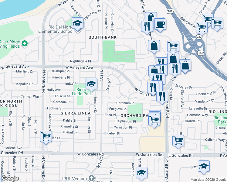 map of restaurants, bars, coffee shops, grocery stores, and more near North H Street in Oxnard