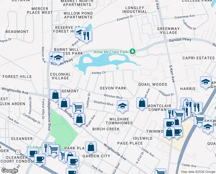 map of restaurants, bars, coffee shops, grocery stores, and more near 524 Larchmont Drive in Wilmington
