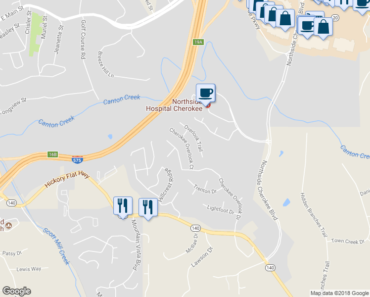 map of restaurants, bars, coffee shops, grocery stores, and more near 525 Cherokee Overlook Court in Canton