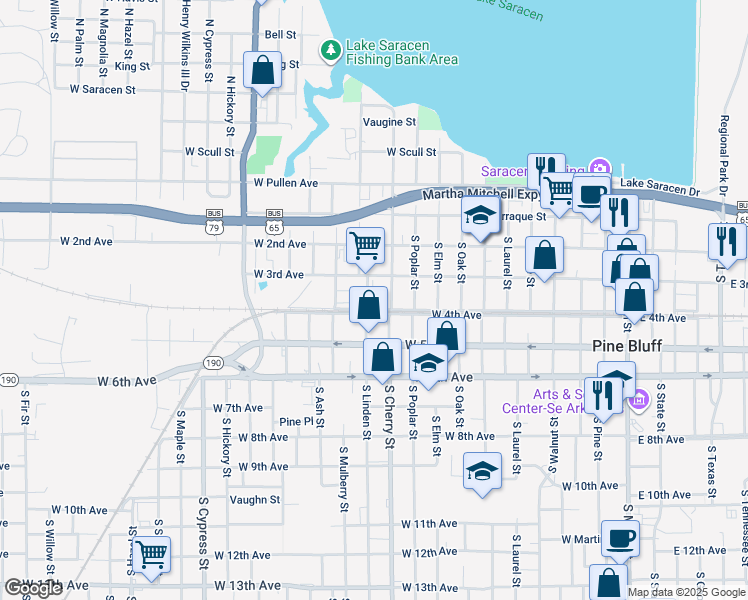 map of restaurants, bars, coffee shops, grocery stores, and more near 1115 West 4th Avenue in Pine Bluff