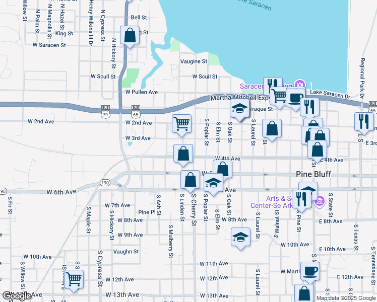 map of restaurants, bars, coffee shops, grocery stores, and more near 1115 West 4th Avenue in Pine Bluff