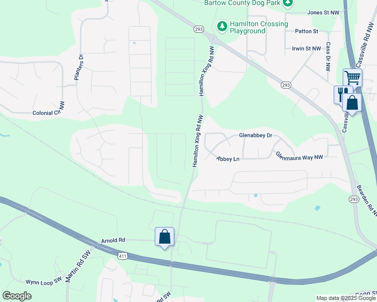 map of restaurants, bars, coffee shops, grocery stores, and more near 147 Andria Way Northwest in Euharlee