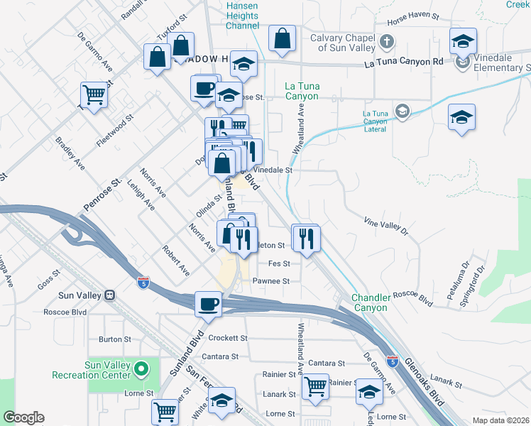 map of restaurants, bars, coffee shops, grocery stores, and more near 8600 Glenoaks Boulevard in Los Angeles