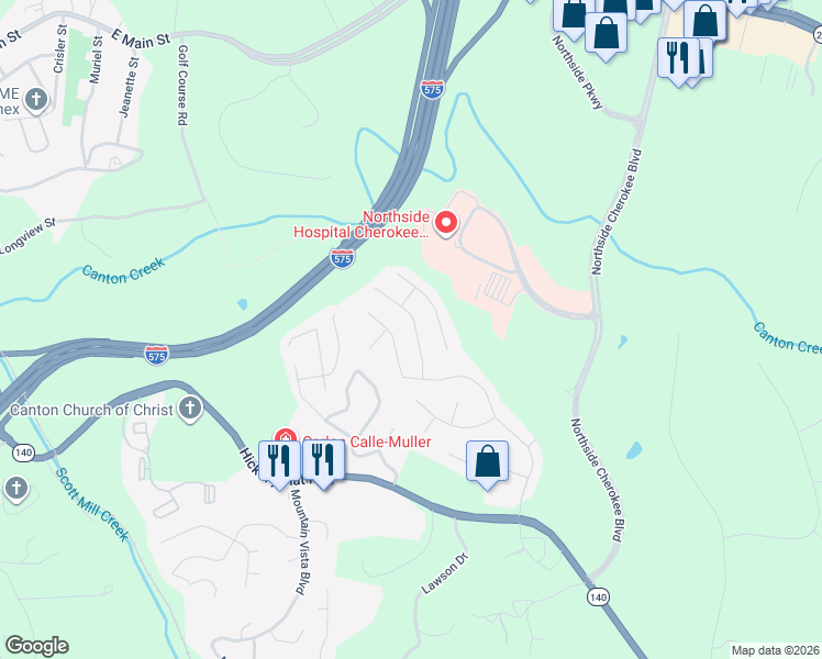 map of restaurants, bars, coffee shops, grocery stores, and more near 525 Cherokee Overlook Court in Canton