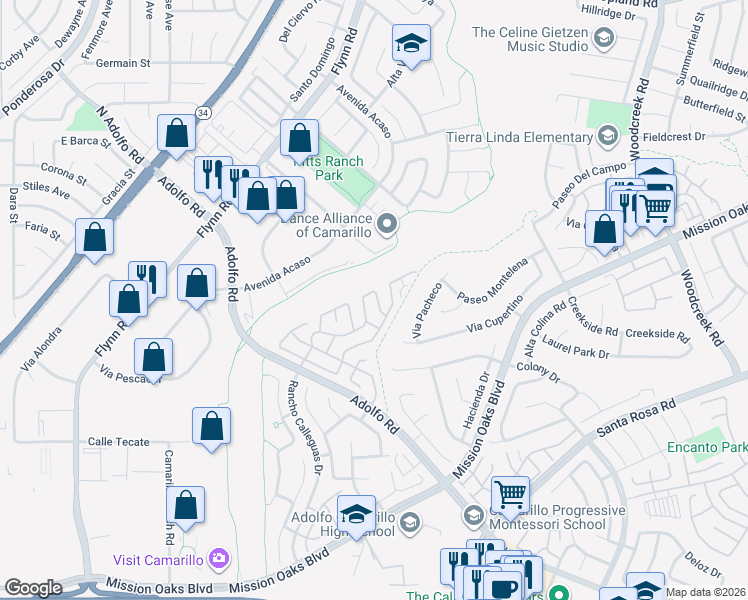 map of restaurants, bars, coffee shops, grocery stores, and more near 103 Rancho Adolfo Drive in Camarillo