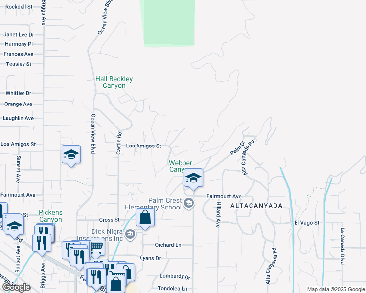 map of restaurants, bars, coffee shops, grocery stores, and more near 5350 Jessen Drive in La Cañada Flintridge