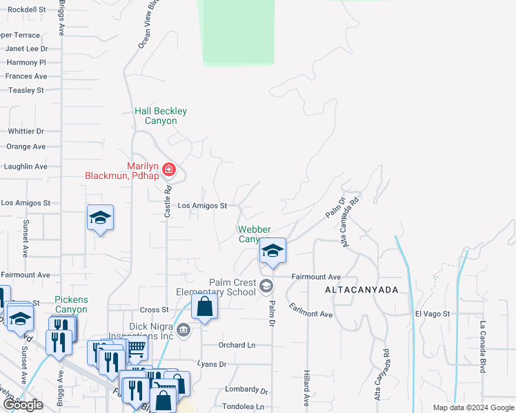 map of restaurants, bars, coffee shops, grocery stores, and more near 5350 Jessen Drive in La Cañada Flintridge