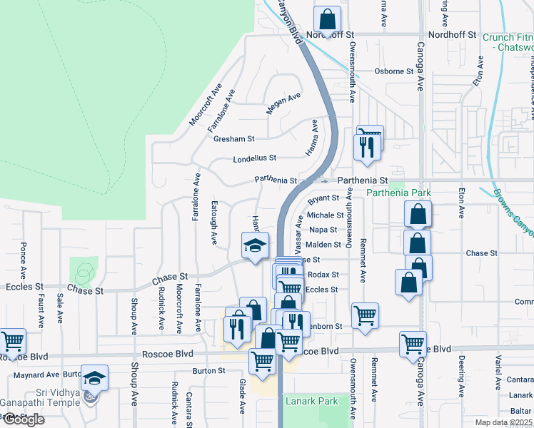 map of restaurants, bars, coffee shops, grocery stores, and more near 22022 Bryant Street in Los Angeles