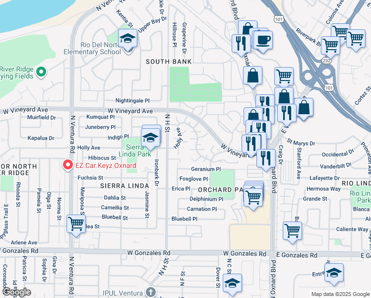 map of restaurants, bars, coffee shops, grocery stores, and more near 662 Holly Avenue in Oxnard