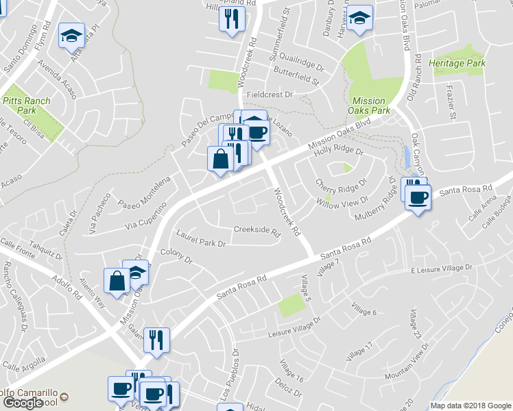 map of restaurants, bars, coffee shops, grocery stores, and more near 5240 Corte Pico Verde in Camarillo