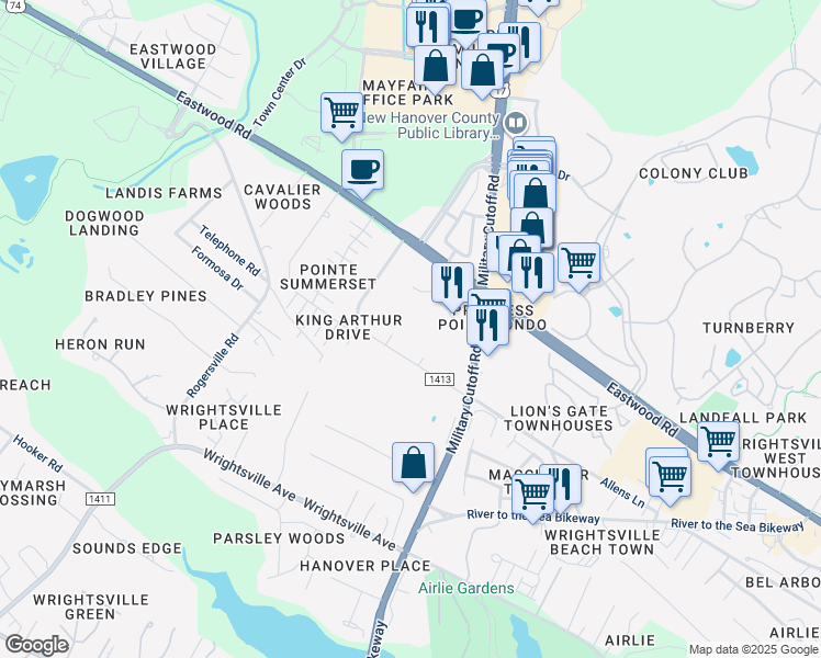 map of restaurants, bars, coffee shops, grocery stores, and more near 1600 Sturdivant Drive in Wilmington