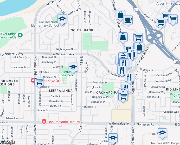 map of restaurants, bars, coffee shops, grocery stores, and more near 662 Holly Avenue in Oxnard