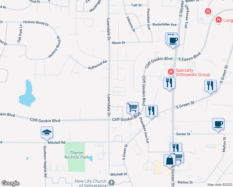 map of restaurants, bars, coffee shops, grocery stores, and more near 1278 Winwood Cove in Tupelo