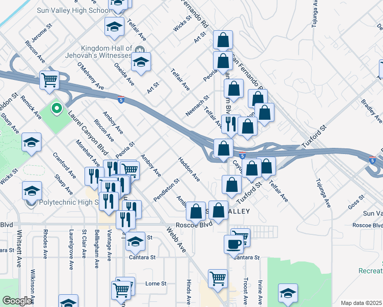 map of restaurants, bars, coffee shops, grocery stores, and more near 11832 Rialto Street in Los Angeles
