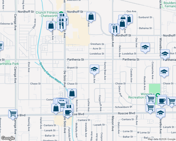 map of restaurants, bars, coffee shops, grocery stores, and more near 8571 Lurline Avenue in Los Angeles