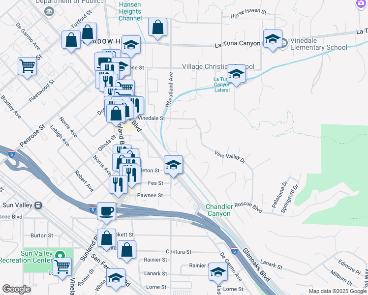 map of restaurants, bars, coffee shops, grocery stores, and more near 8617 Bluffdale Drive in Los Angeles