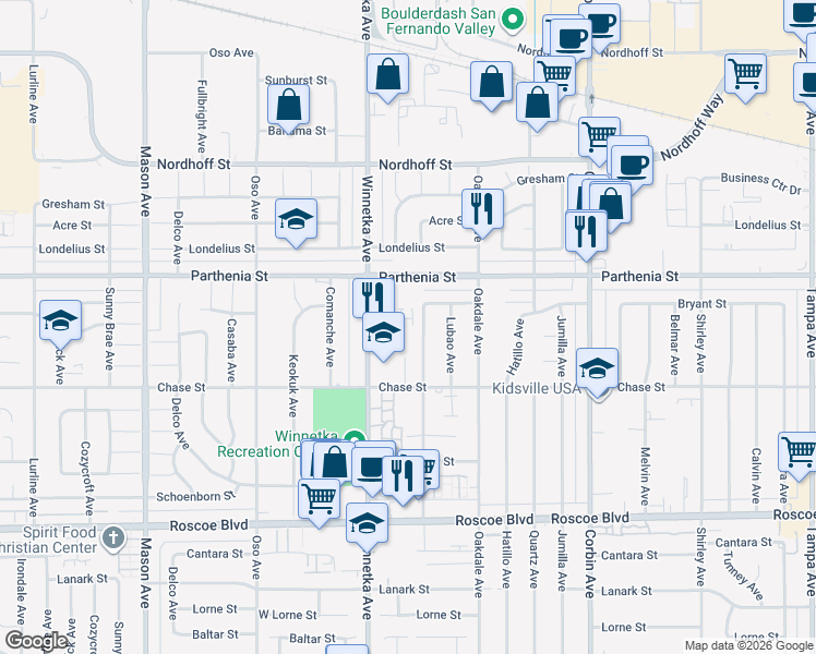map of restaurants, bars, coffee shops, grocery stores, and more near 8633 Penfield Avenue in Los Angeles