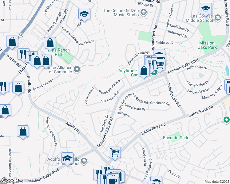 map of restaurants, bars, coffee shops, grocery stores, and more near 5005 Via Cupertino in Camarillo