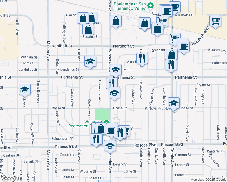 map of restaurants, bars, coffee shops, grocery stores, and more near 20051 Lila Place in Los Angeles