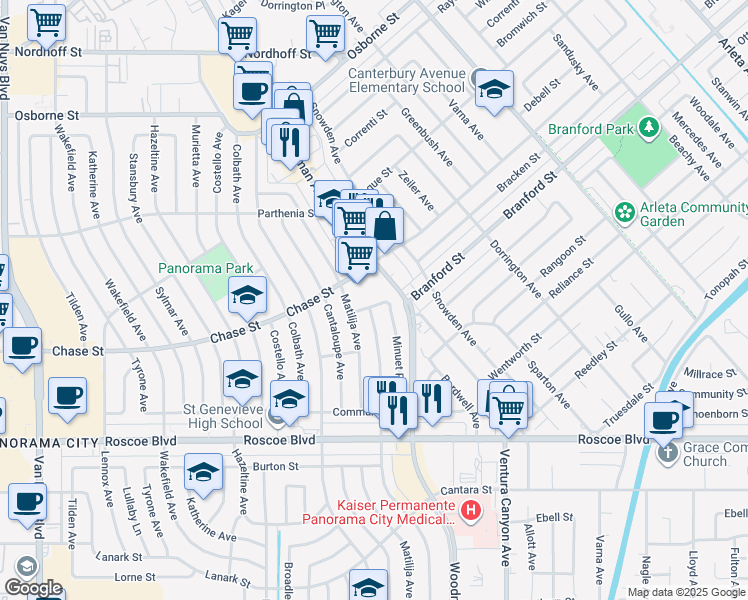 map of restaurants, bars, coffee shops, grocery stores, and more near 8625 Woodman Avenue in Los Angeles