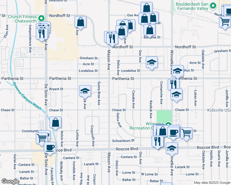 map of restaurants, bars, coffee shops, grocery stores, and more near 8618 Mason Avenue in Los Angeles