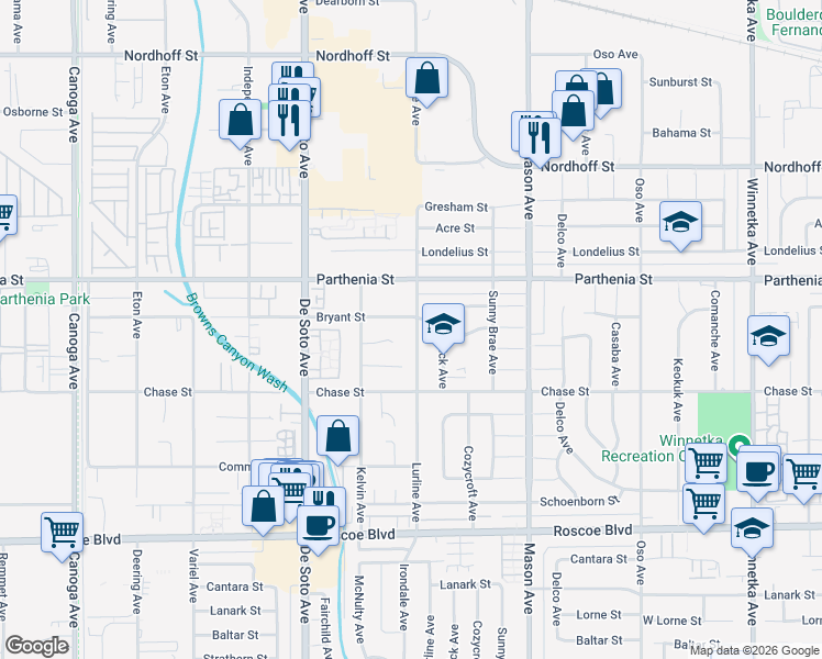 map of restaurants, bars, coffee shops, grocery stores, and more near 8600 Lurline Avenue in Los Angeles