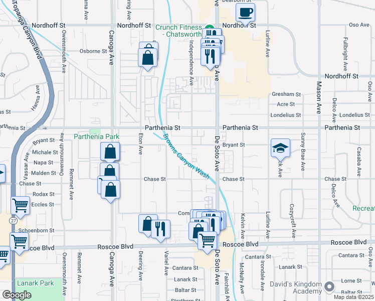 map of restaurants, bars, coffee shops, grocery stores, and more near 21019 Bryant Street in Los Angeles