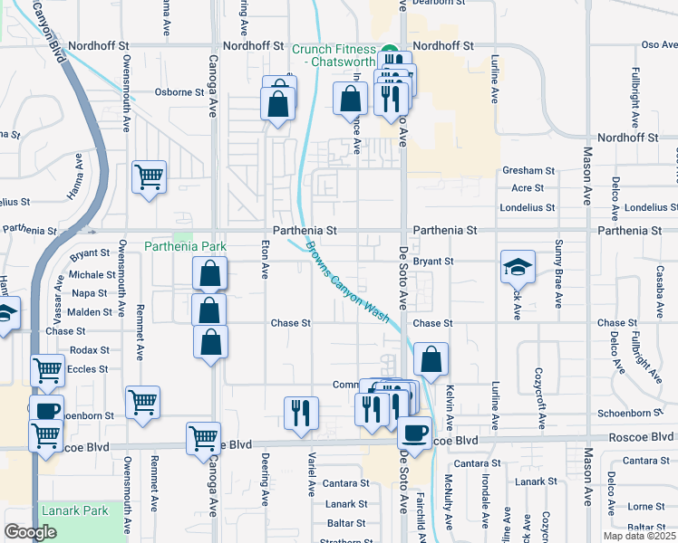 map of restaurants, bars, coffee shops, grocery stores, and more near 21019 Bryant Street in Los Angeles