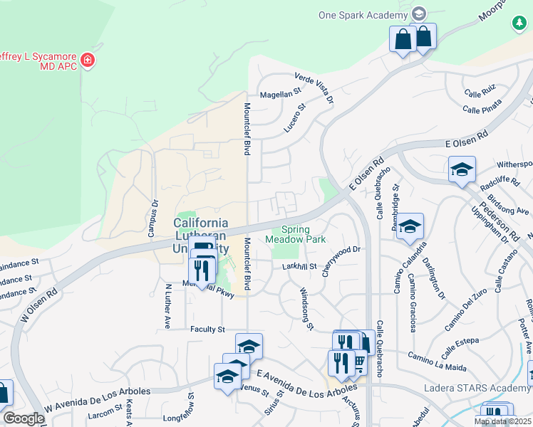 map of restaurants, bars, coffee shops, grocery stores, and more near 14 McAfee Court in Thousand Oaks
