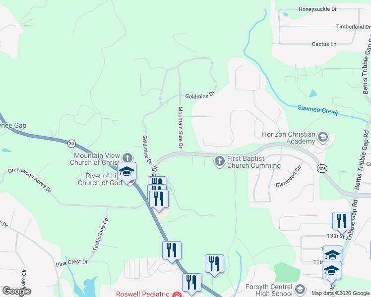 map of restaurants, bars, coffee shops, grocery stores, and more near 1710 Mountain Side Drive in Cumming