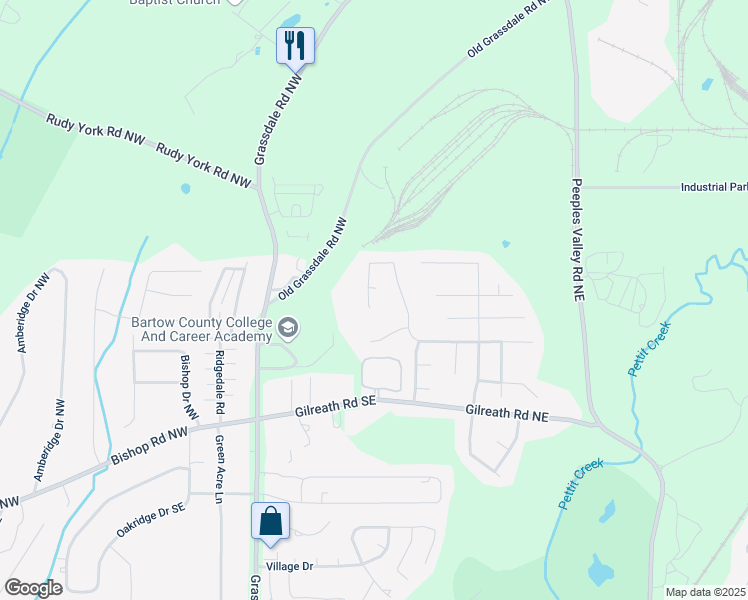 map of restaurants, bars, coffee shops, grocery stores, and more near 117 Cottage Walk Northwest in Cartersville