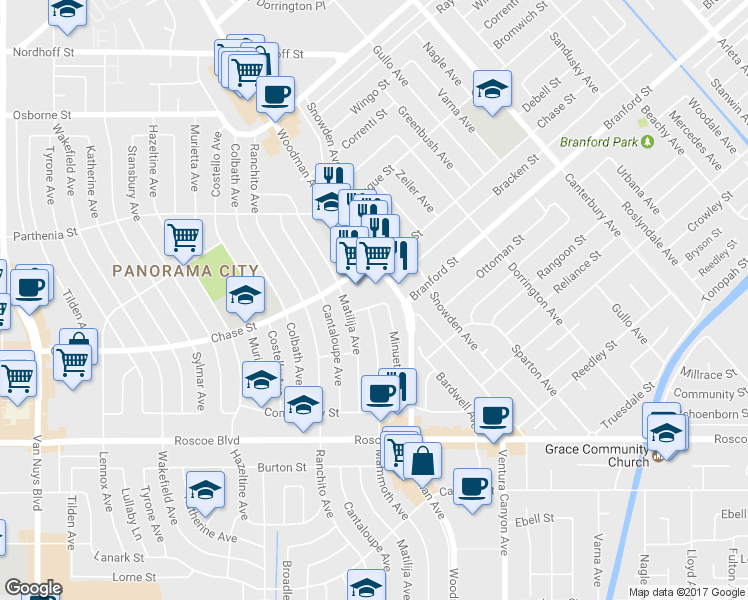 map of restaurants, bars, coffee shops, grocery stores, and more near 13837 Branford Street in Los Angeles