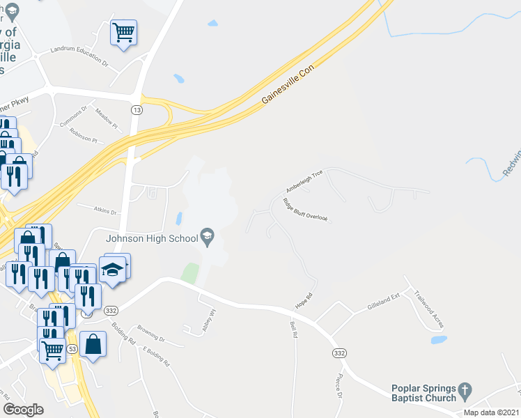 map of restaurants, bars, coffee shops, grocery stores, and more near 3608 Wood Point Way in Gainesville