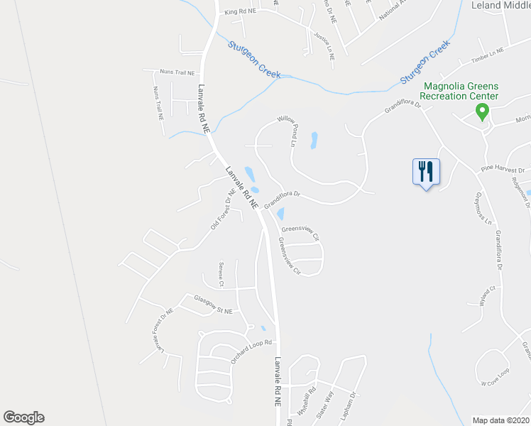 map of restaurants, bars, coffee shops, grocery stores, and more near 1101 Greensview Circle in Leland