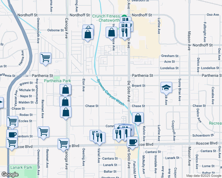 map of restaurants, bars, coffee shops, grocery stores, and more near 8565 Independence Avenue in Los Angeles