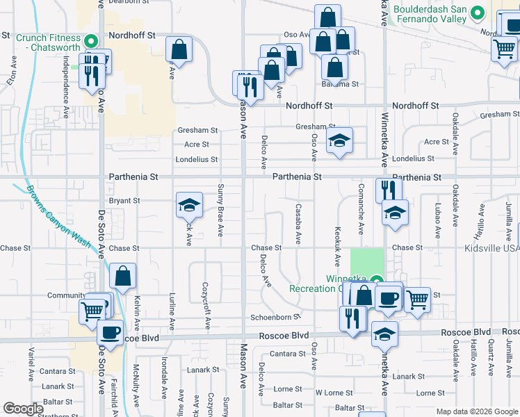 map of restaurants, bars, coffee shops, grocery stores, and more near 8605 Delco Avenue in Los Angeles
