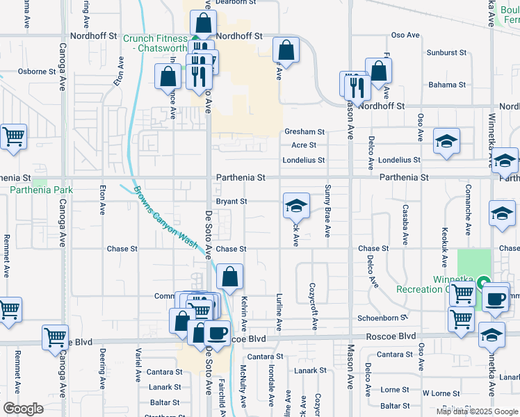 map of restaurants, bars, coffee shops, grocery stores, and more near 20738 Bryant Street in Los Angeles