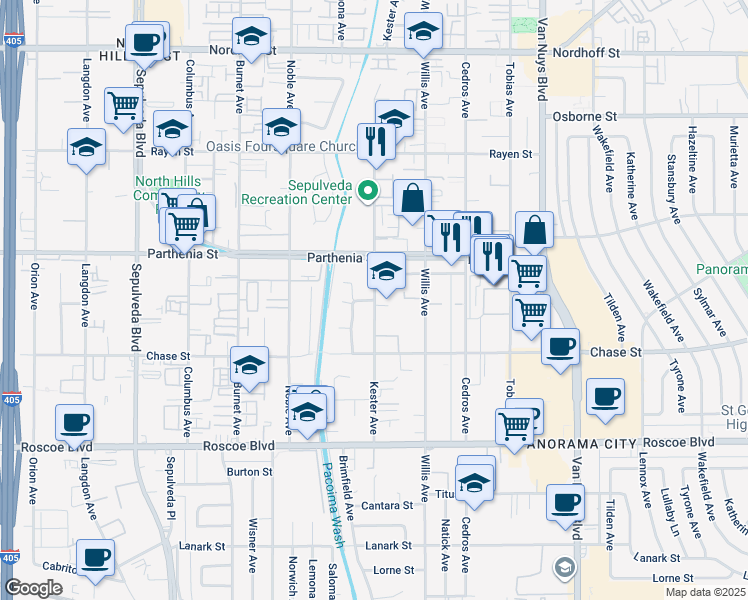 map of restaurants, bars, coffee shops, grocery stores, and more near 12227 Napa Street in Los Angeles