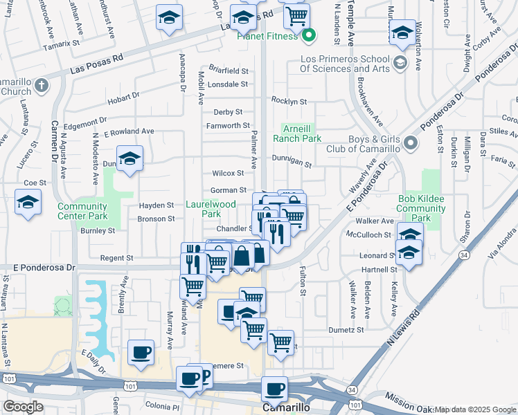map of restaurants, bars, coffee shops, grocery stores, and more near 958 Palmer Avenue in Camarillo